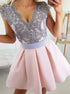 A Line Cap Sleeves Short Pink Satin Prom Dress with Gray Lace LBQH0148